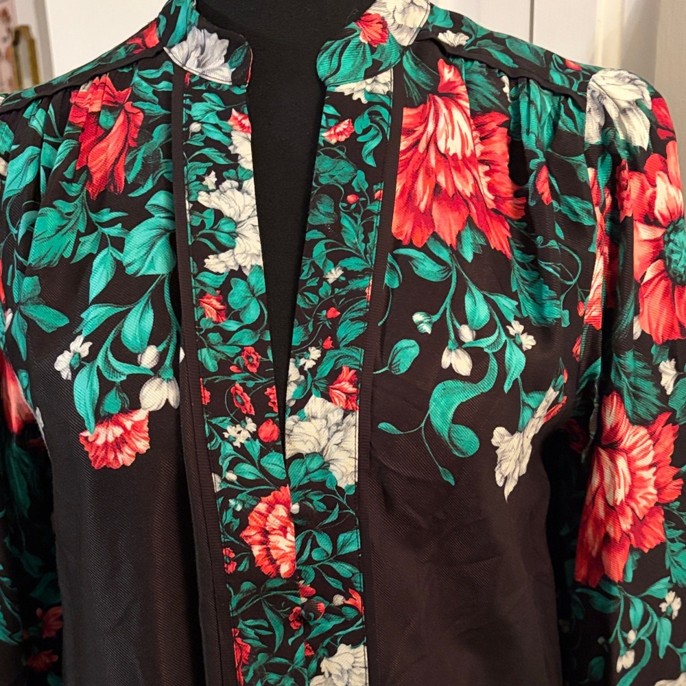 Anthropologie Black Midi Dress with Red and Green Floral Design - Picture 4 of 8